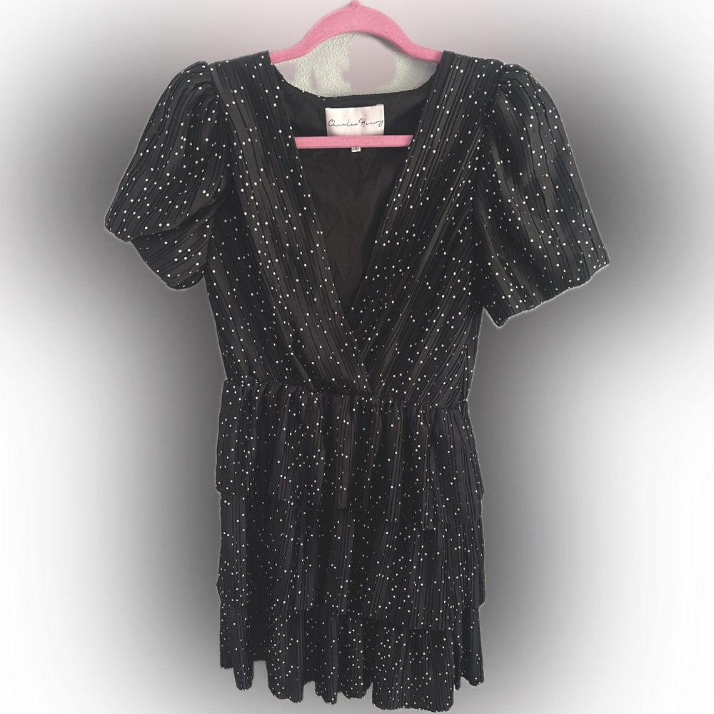 Charles Henry Dot Plissè Tiered Polka Dot Mini Dress, Black/White, Size S, NWOT